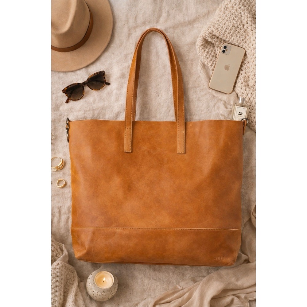 Able Abera Leather Tote Bag Brown Large Carryall Work Travel Boho Minimal Cognac